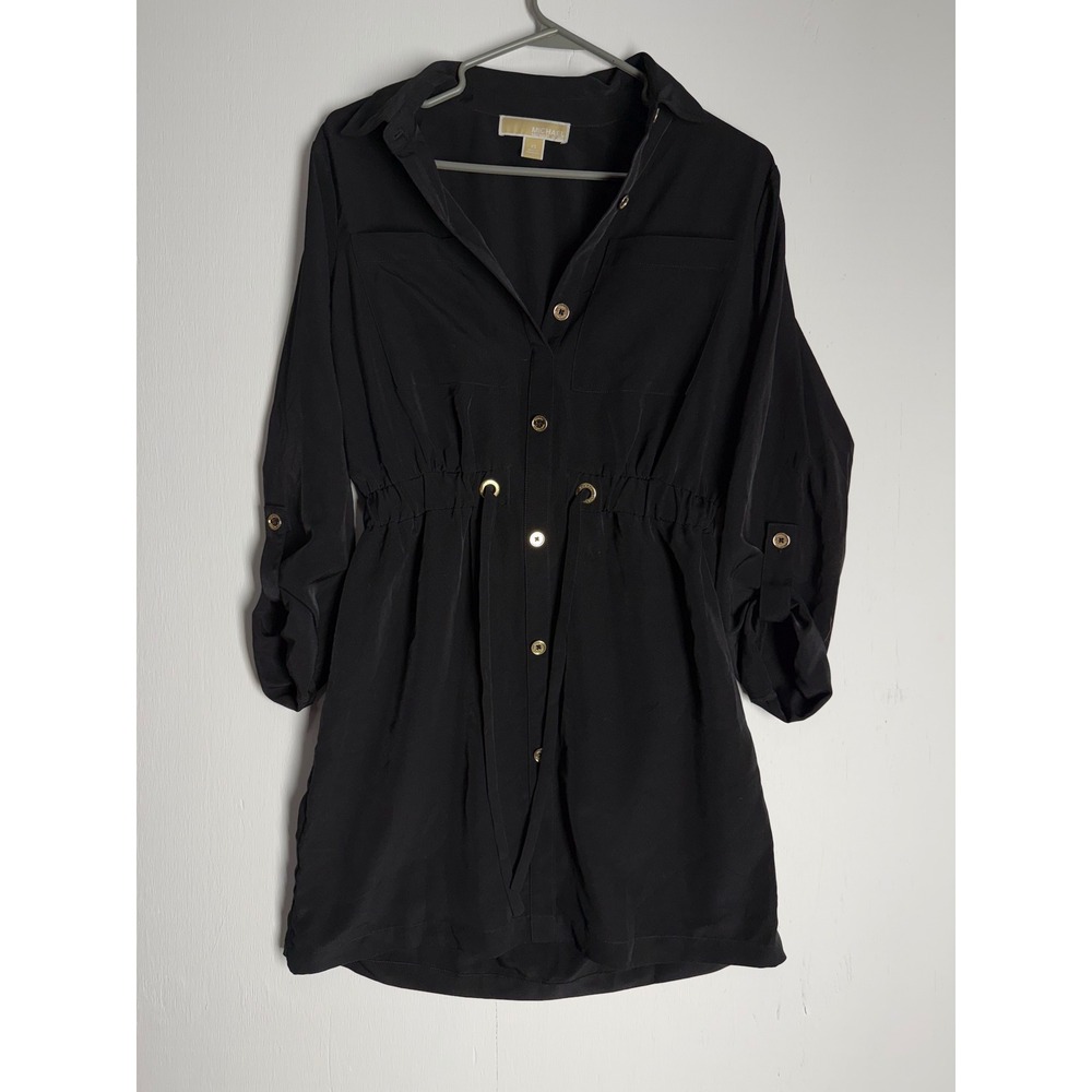 Michael Kors Black Button Down Shirt Dress XS Cinched Waist Roll Tab Sleeve